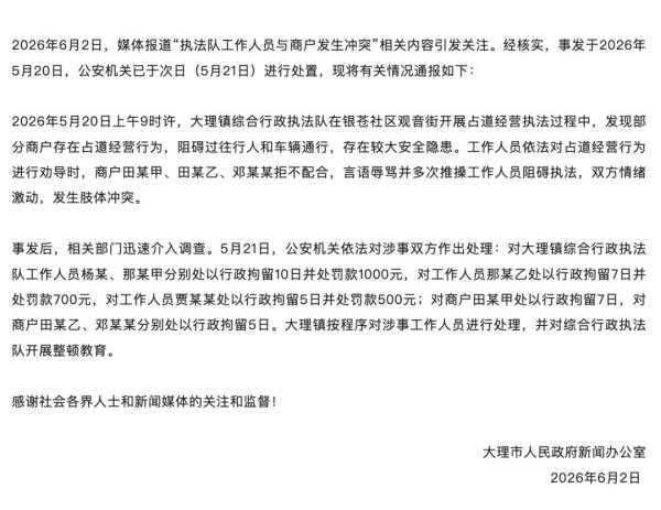 kaiyun.com 大理市通报“商贩与法则东谈主员发生肢体